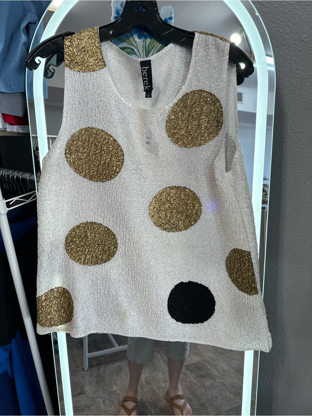 berek White Tank Top with Gold and Black Polka Dots